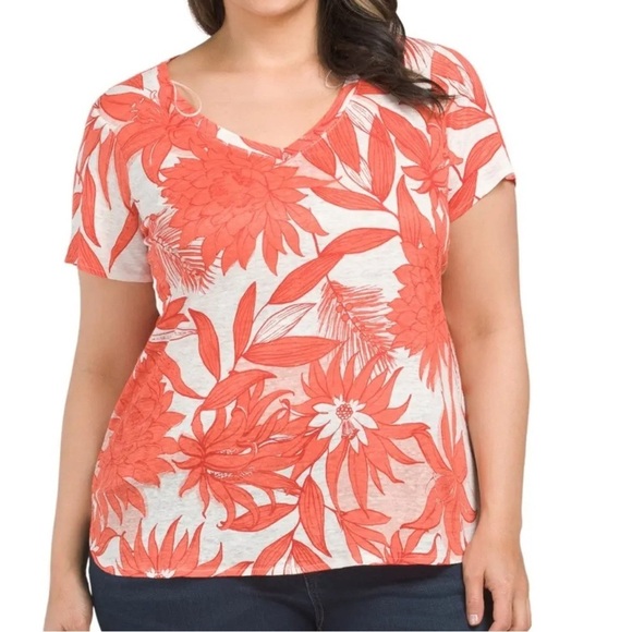 H by Halston Tops - H By Halston Tee Shirt Women’s 2XL Coral Floral 100% Linen Blouse Top Colorful